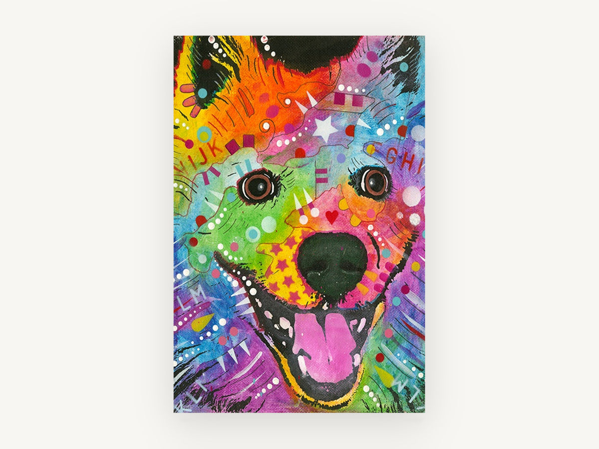 Rainbow Smiling Samoyed, colourful pop art dog portrait, animal canvas wall art print, front view