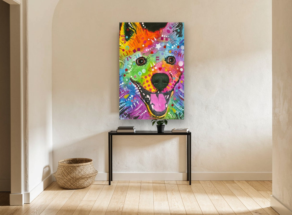 Rainbow Smiling Samoyed animal canvas print on the wall of a hallway