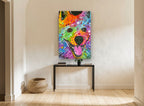 Rainbow Smiling Samoyed animal canvas print on the wall of a hallway