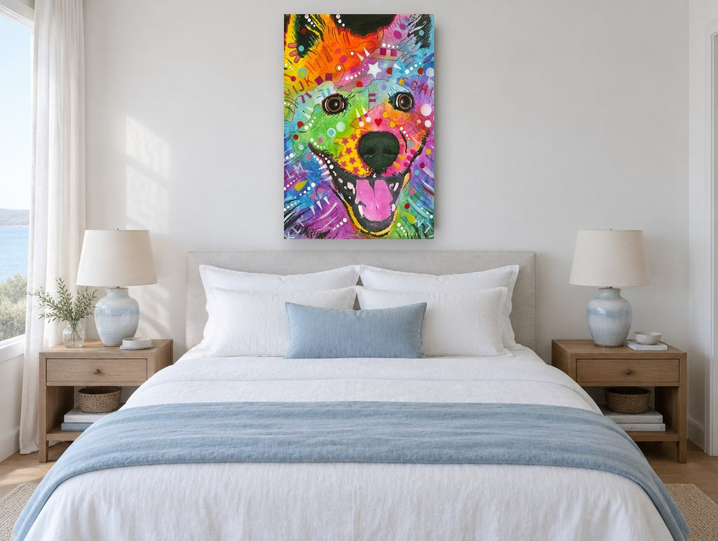 Rainbow Smiling Samoyed animal canvas print on the wall of a bedroom