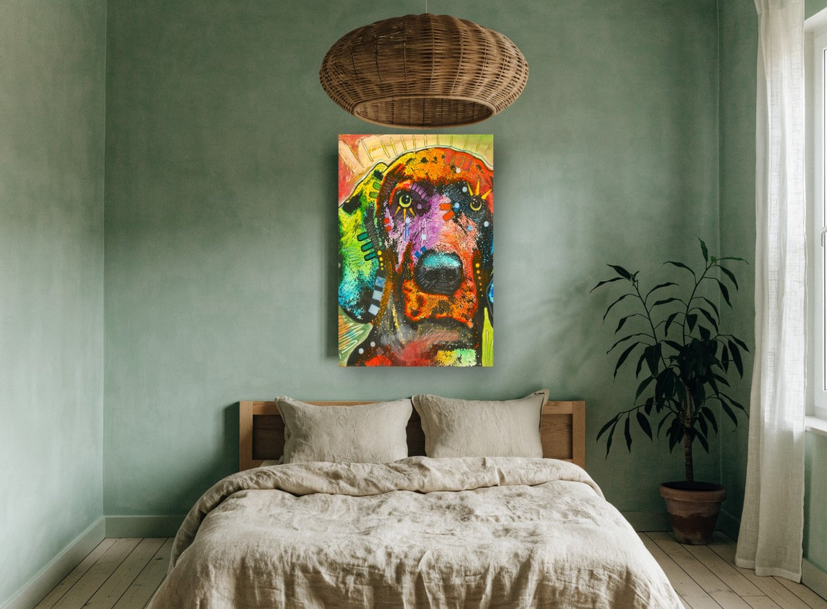 Rainbow Hound Close-Up animal canvas print on the wall of a bedroom