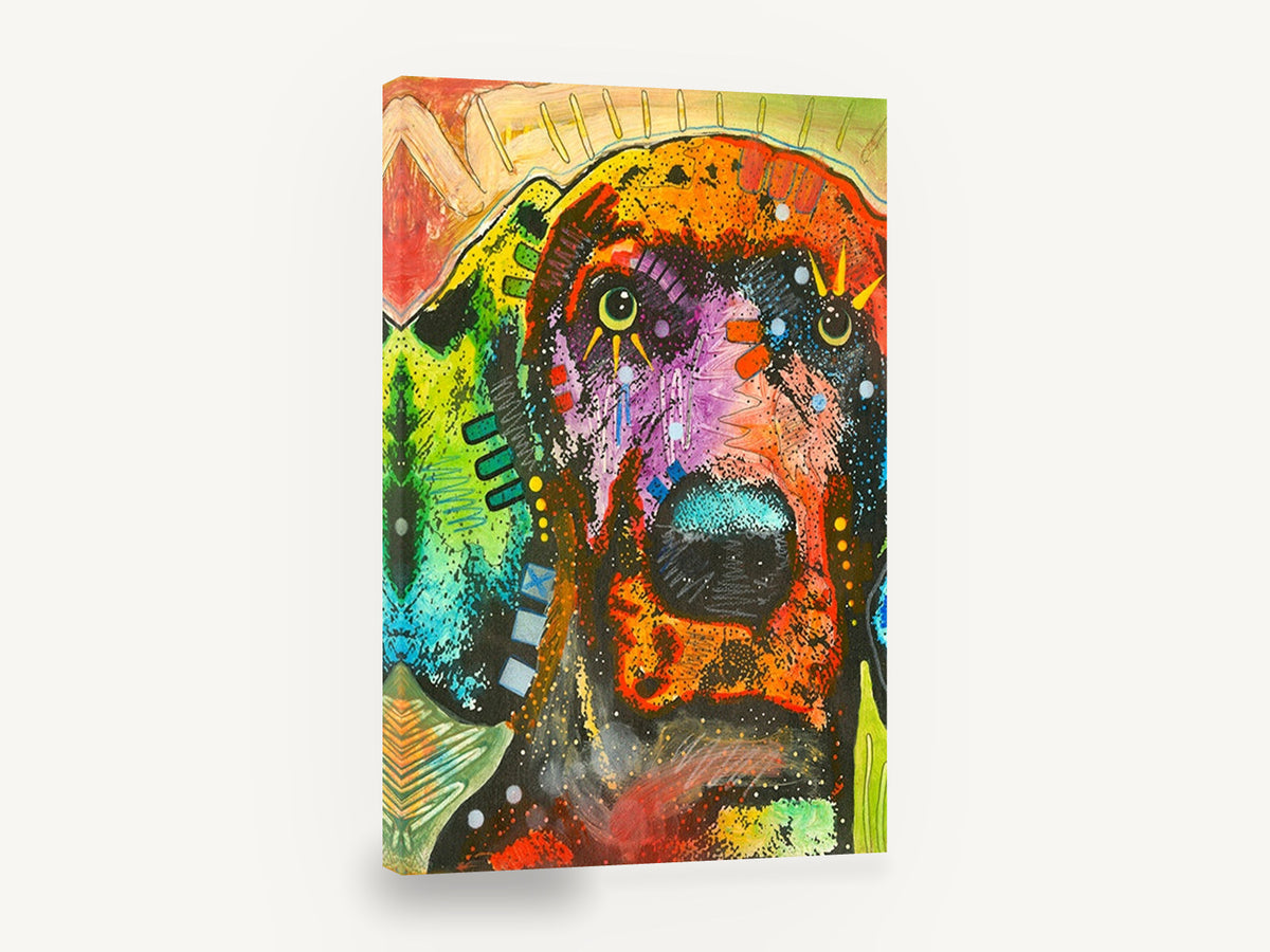 Rainbow Hound Close-Up, colourful pop art dog portrait, animal canvas wall art print ready to hang
