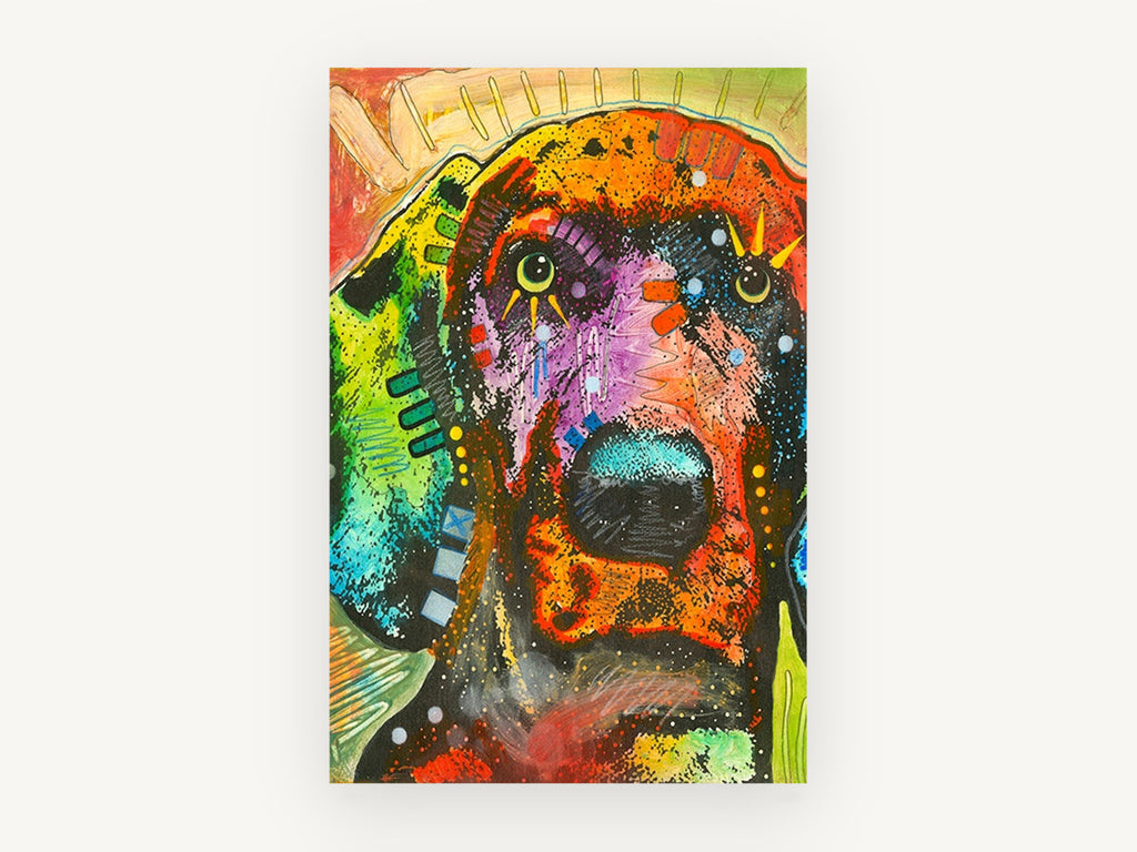Rainbow Hound Close-Up, colourful pop art dog portrait, animal canvas wall art print, front view