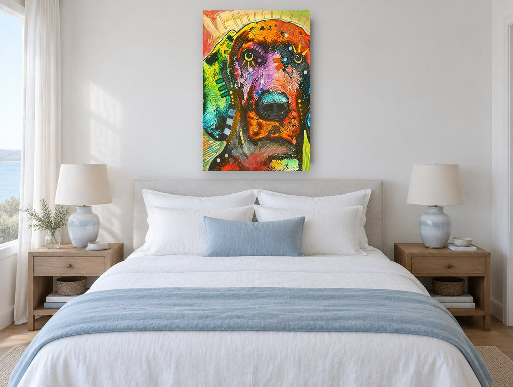 Rainbow Hound Close-Up animal canvas print on the wall of a bedroom