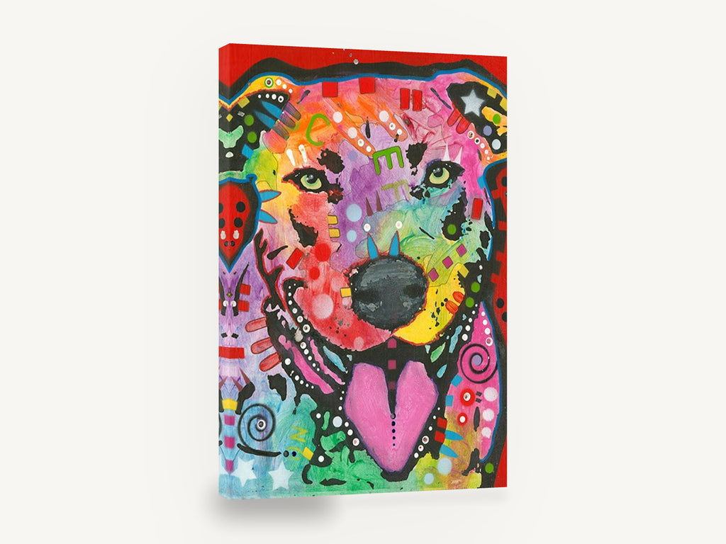 Rainbow Grin Pup, colourful pop art dog portrait, animal canvas wall art print ready to hang