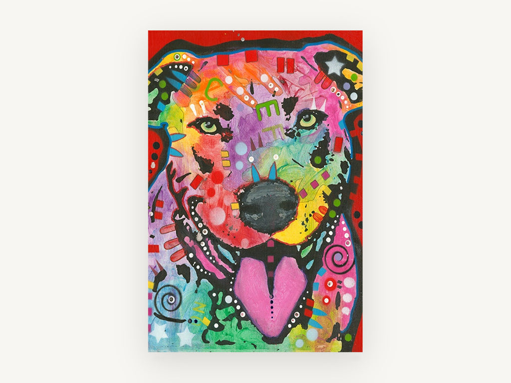Rainbow Grin Pup, colourful pop art dog portrait, animal canvas wall art print, front view