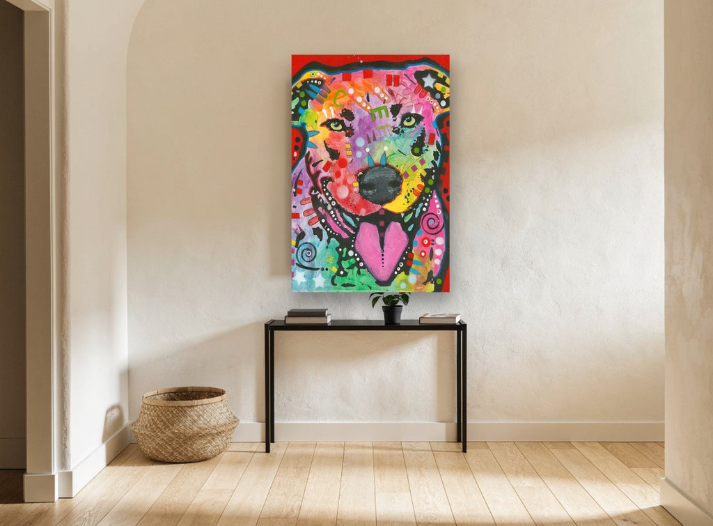 Rainbow Grin Pup animal canvas print on the wall of a hallway