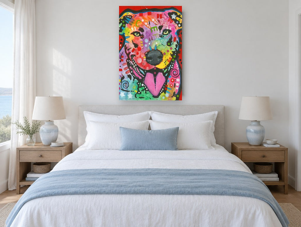 Rainbow Grin Pup animal canvas print on the wall of a bedroom