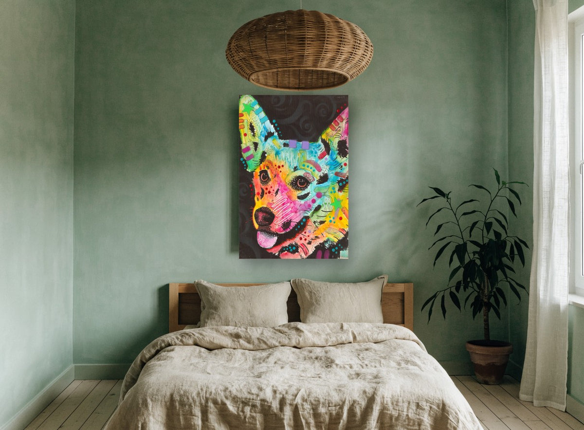 Rainbow Corgi Pop animal canvas print on the wall of a bedroom