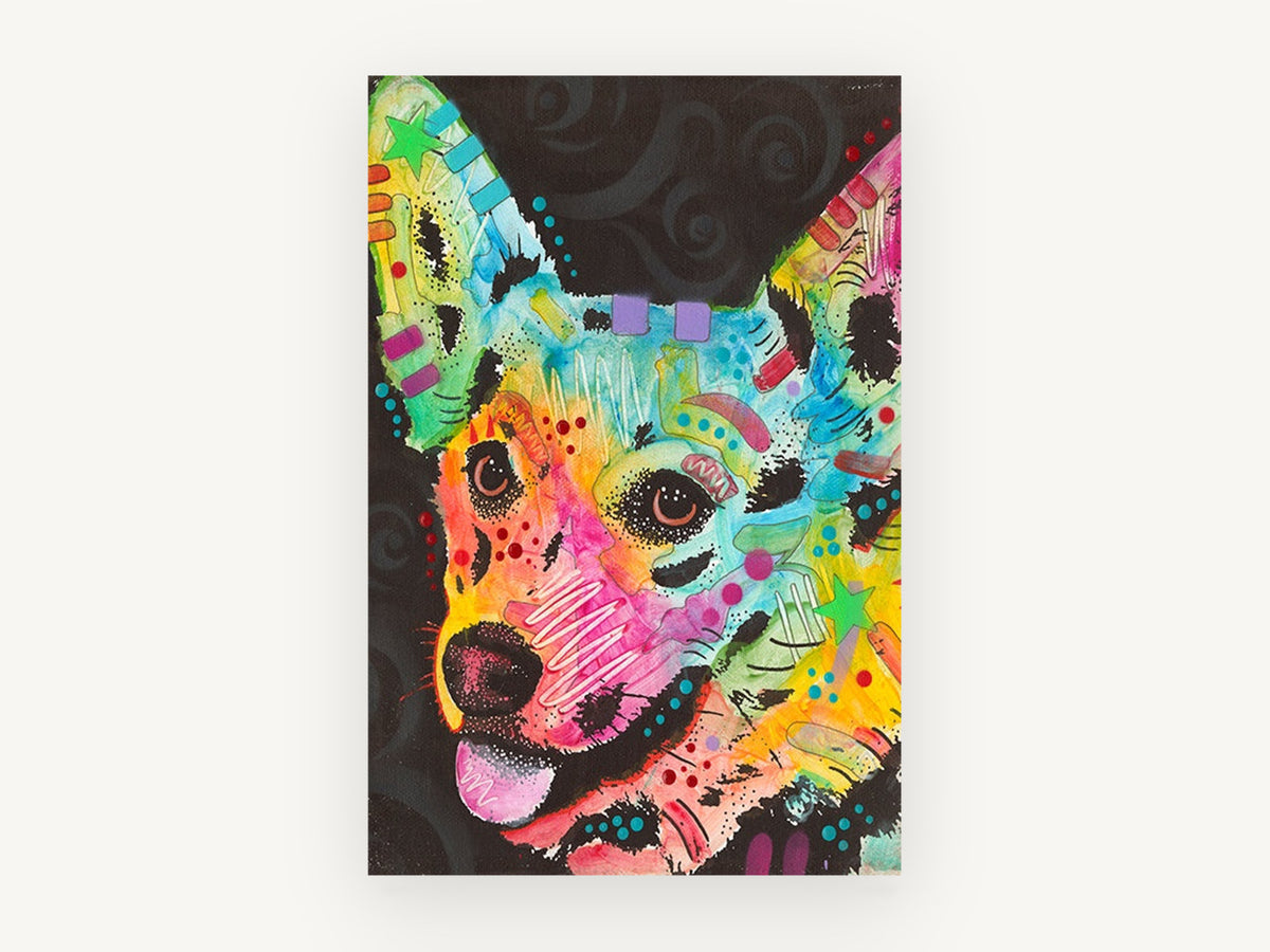 Rainbow Corgi Pop, colourful corgi pop art portrait, animal canvas wall art print, front view