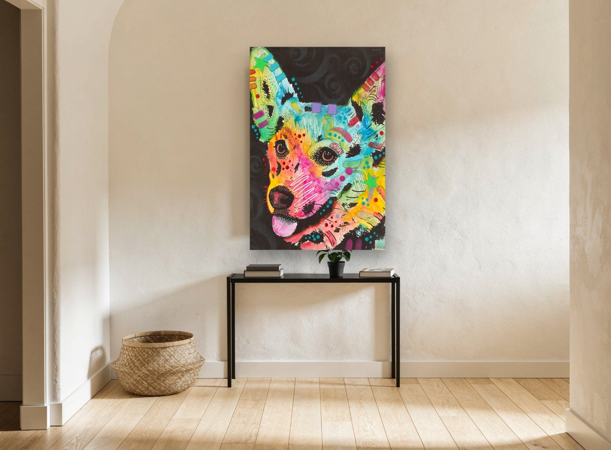 Rainbow Corgi Pop animal canvas print on the wall of a hallway