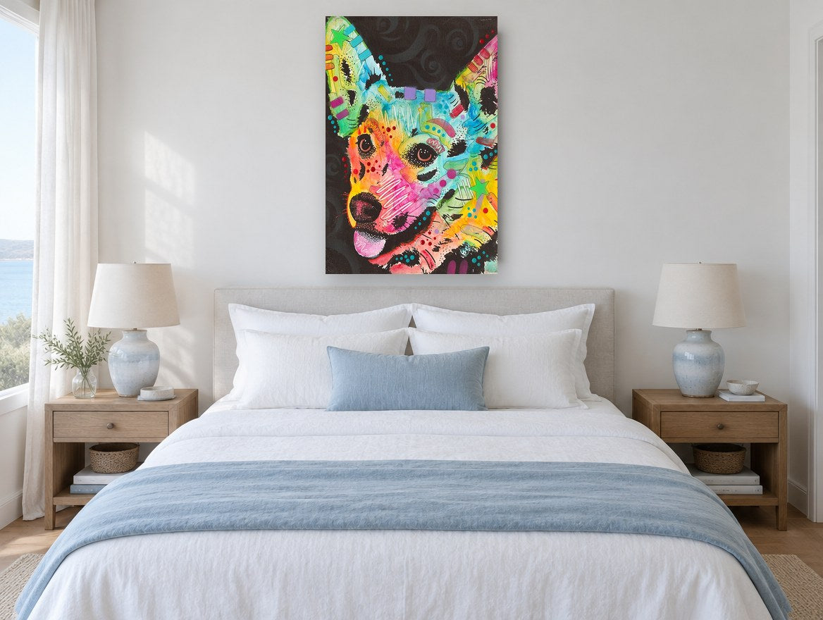 Rainbow Corgi Pop animal canvas print on the wall of a bedroom
