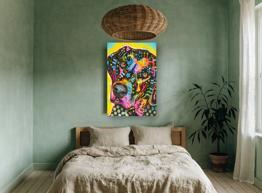 Neon Pop Hound animal canvas print on the wall of a bedroom
