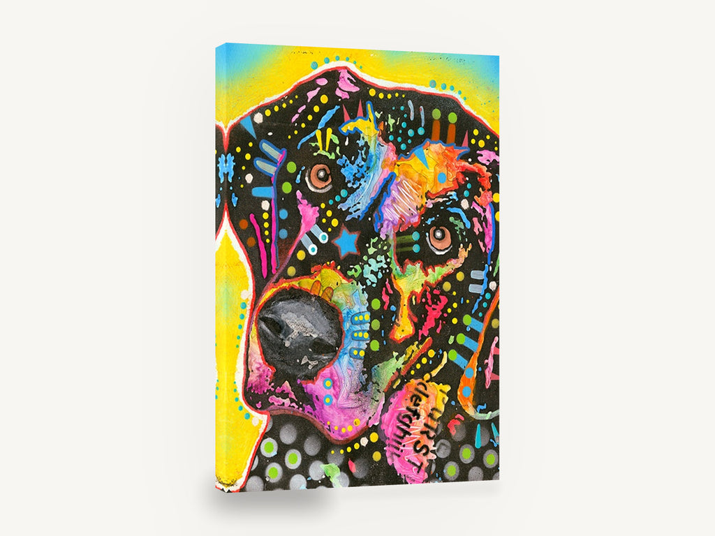 Neon Pop Hound, colourful pop art dog portrait, animal canvas wall art print ready to hang