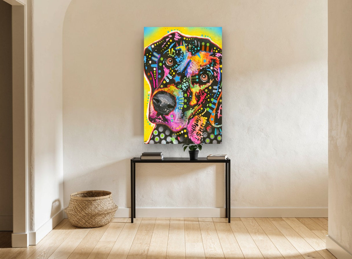 Neon Pop Hound animal canvas print on the wall of a hallway