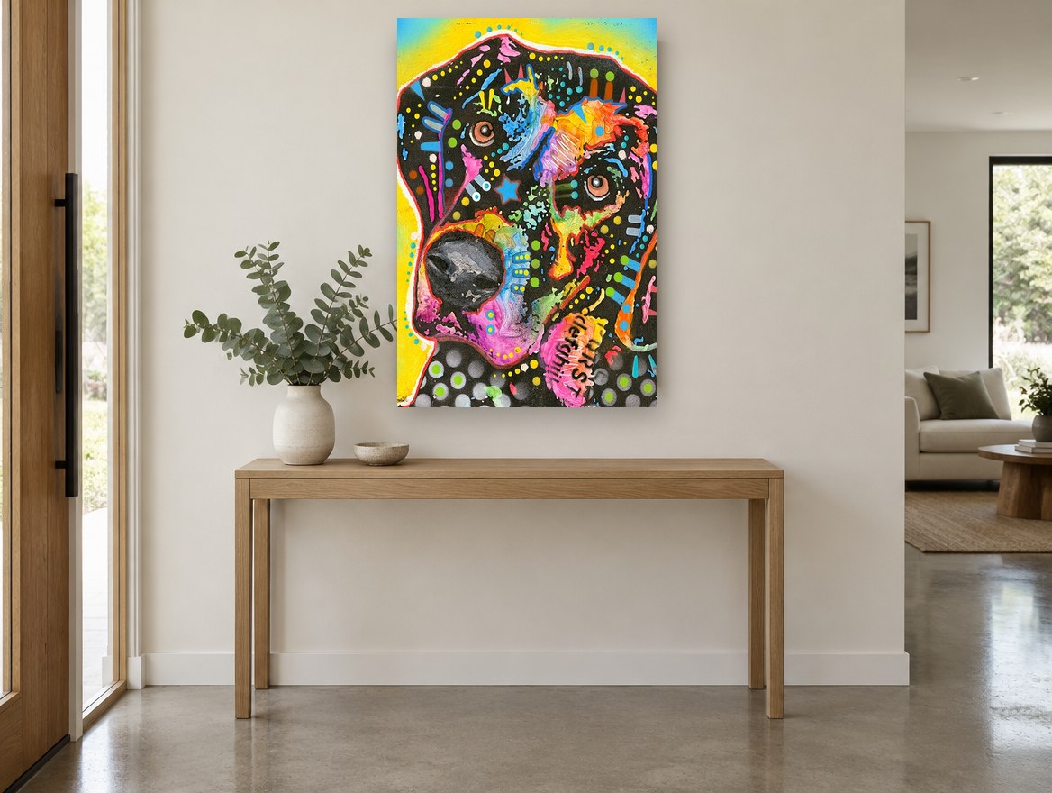 Neon Pop Hound animal canvas print on the wall of a entry hall