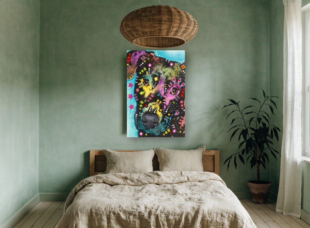 Neon Pup Close-Up animal canvas print on the wall of a bedroom