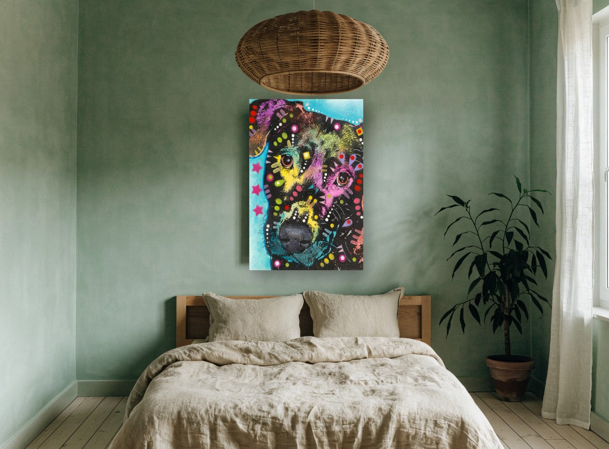 Neon Pup Close-Up animal canvas print on the wall of a bedroom