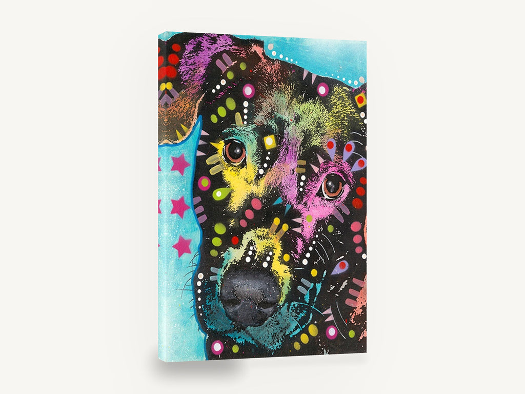 Neon Pup Close-Up, colourful pop art dog portrait, animal canvas wall art print ready to hang