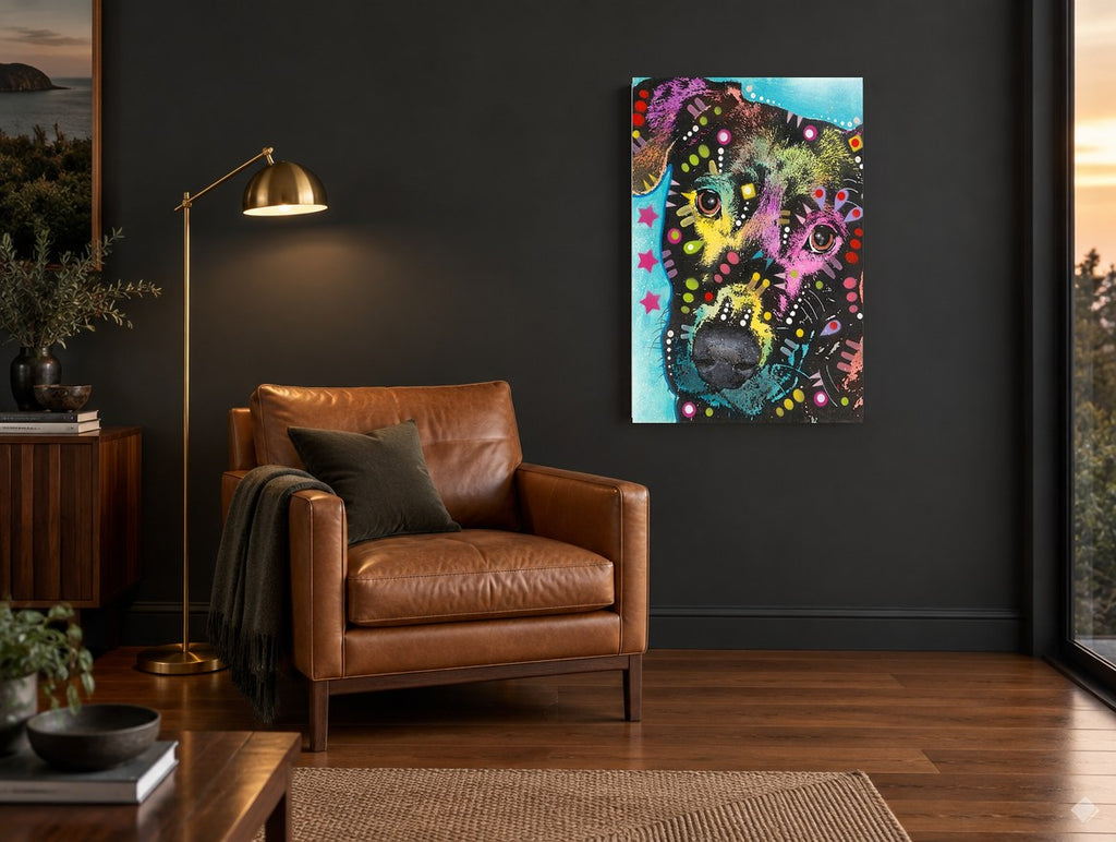 Neon Pup Close-Up animal canvas print on the wall of a charcoal living room