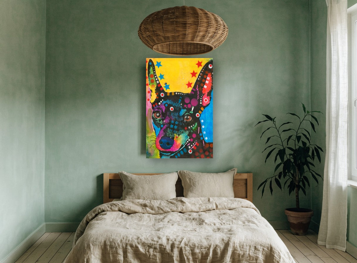 Neon Pinscher Pop animal canvas print on the wall of a bedroom