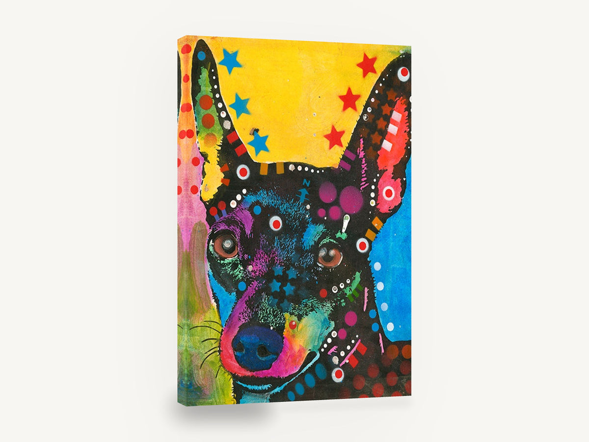 Neon Pinscher Pop, colourful pop art dog portrait, animal canvas wall art print ready to hang