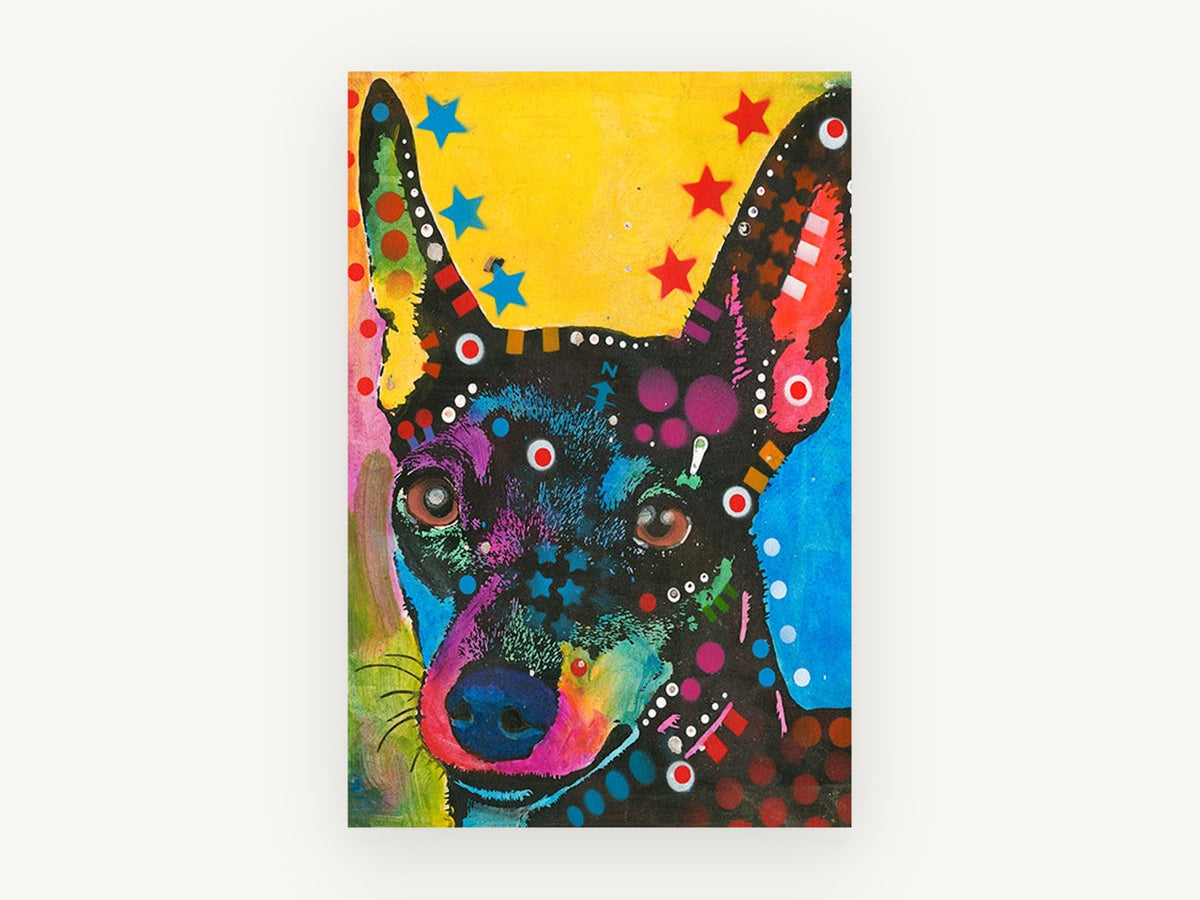 Neon Pinscher Pop, colourful pop art dog portrait, animal canvas wall art print, front view