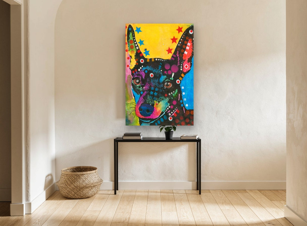 Neon Pinscher Pop animal canvas print on the wall of a hallway