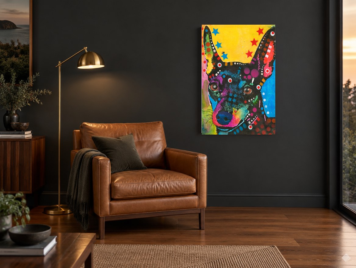 Neon Pinscher Pop animal canvas print on the wall of a charcoal living room