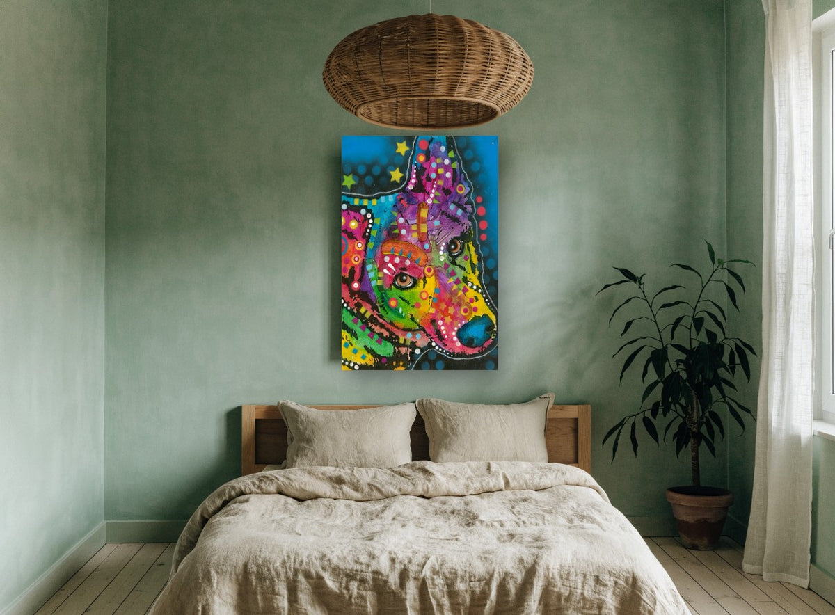 Neon Shepherd Profile animal canvas print on the wall of a bedroom