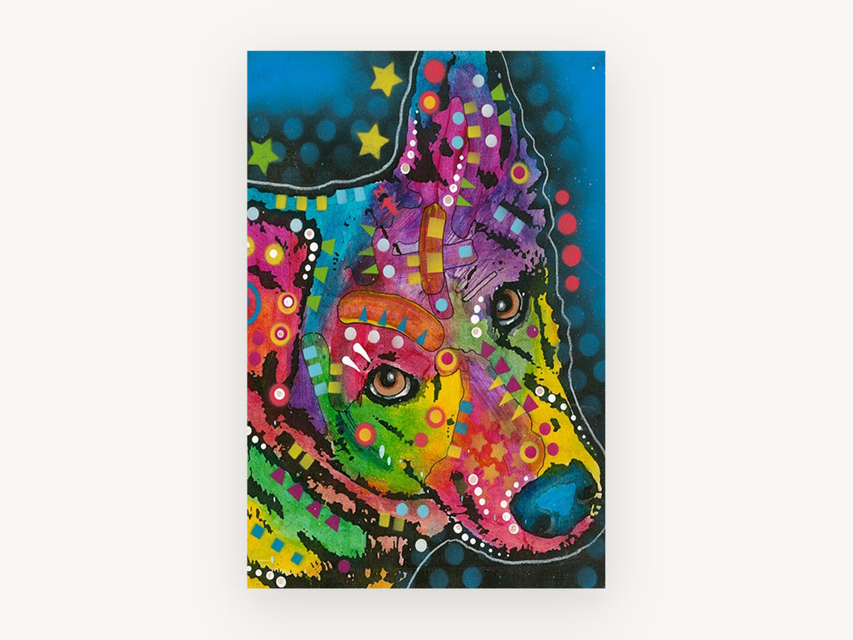 Neon Shepherd Profile, colourful pop art german shepherd, animal canvas wall art print, front view