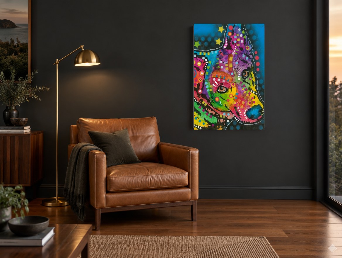 Neon Shepherd Profile animal canvas print on the wall of a charcoal living room