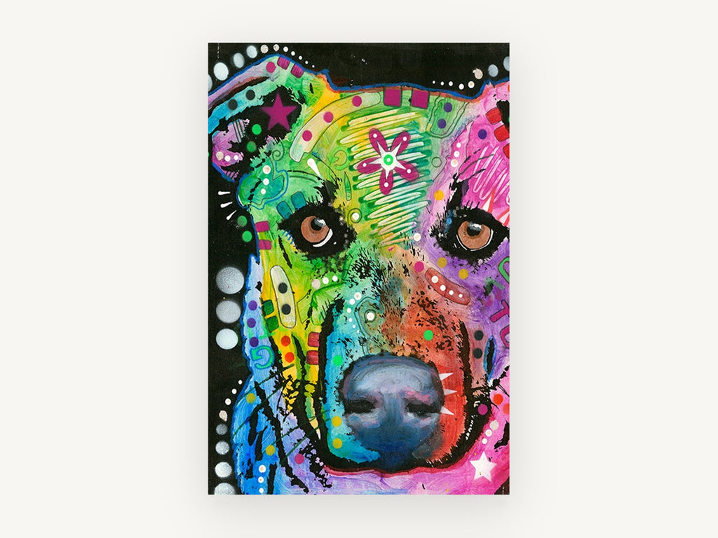 Rainbow Pup Close-Up, colourful pop art dog portrait, animal canvas wall art print, front view