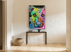 Rainbow Pup Close-Up animal canvas print on the wall of a hallway