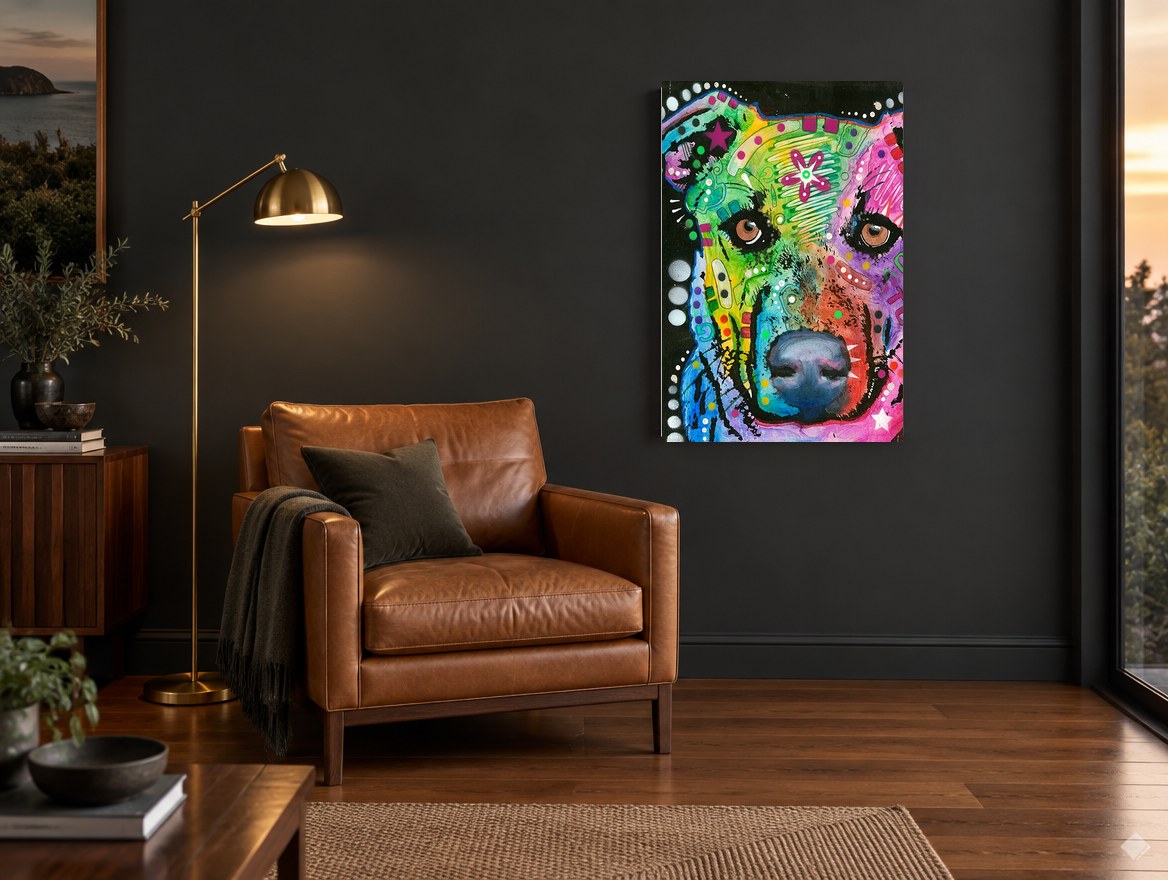 Rainbow Pup Close-Up animal canvas print on the wall of a charcoal living room