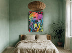 Rainbow Shaggy Pup animal canvas print on the wall of a bedroom