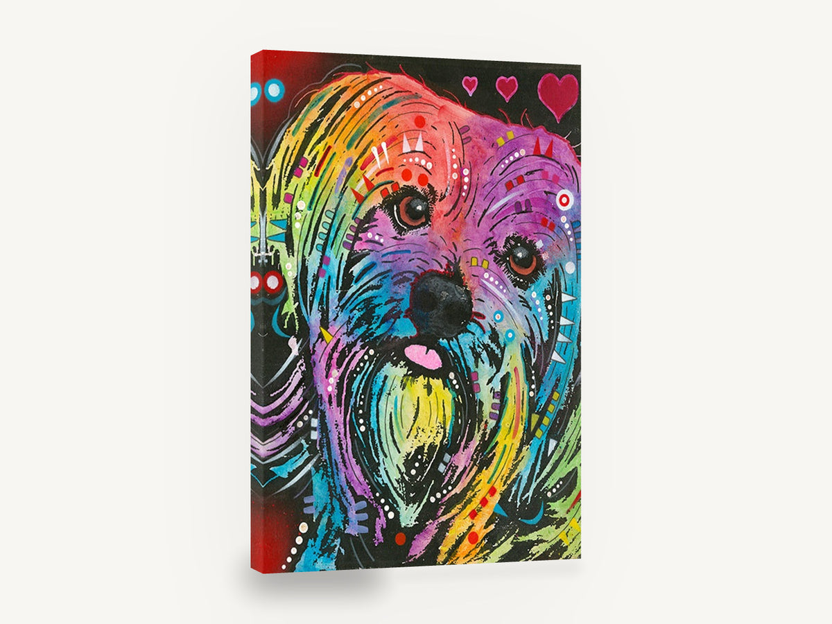 Rainbow Shaggy Pup, colourful pop art dog portrait, animal canvas wall art print ready to hang