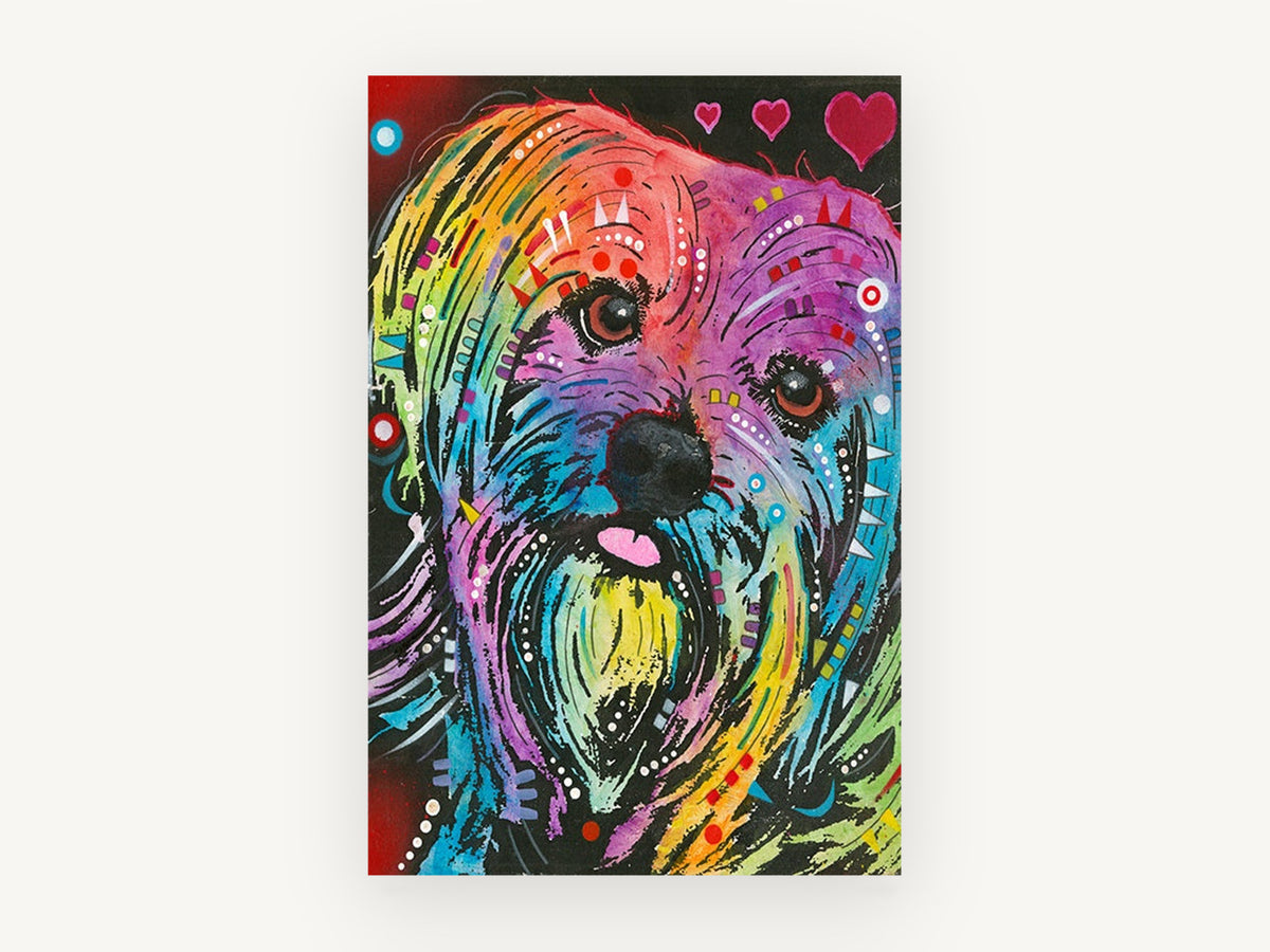 Rainbow Shaggy Pup, colourful pop art dog portrait, animal canvas wall art print, front view