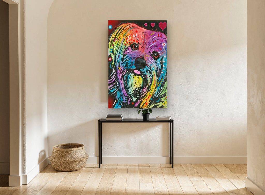 Rainbow Shaggy Pup animal canvas print on the wall of a hallway