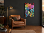Rainbow Shaggy Pup animal canvas print on the wall of a charcoal living room