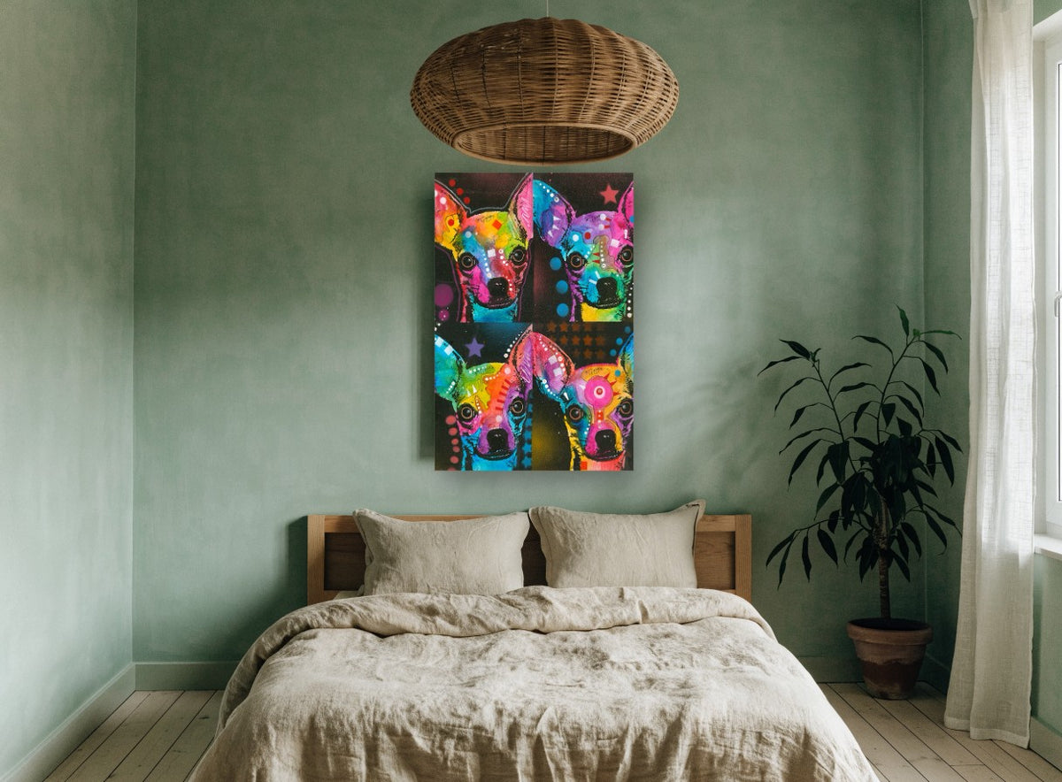 Pop Chihuahua Quartet animal canvas print on the wall of a bedroom