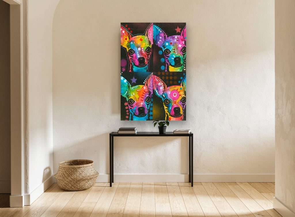 Pop Chihuahua Quartet animal canvas print on the wall of a hallway
