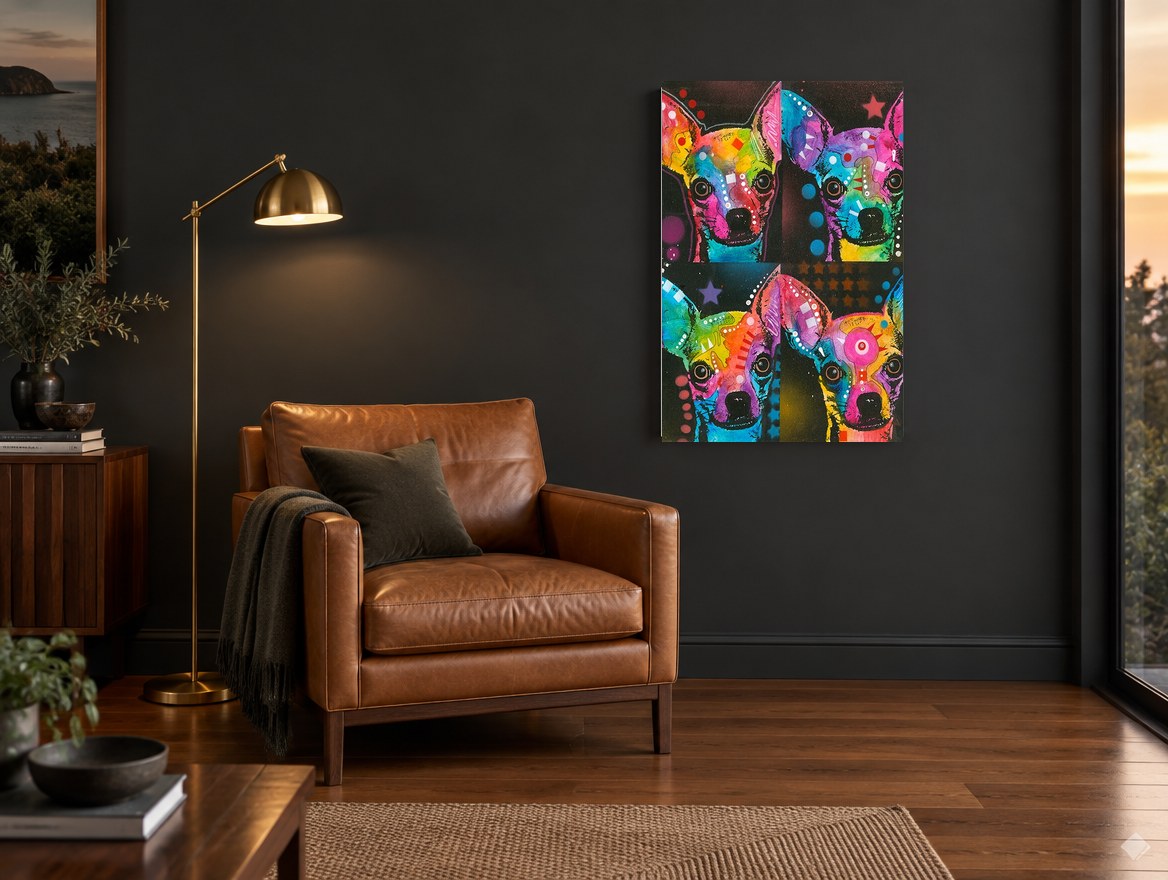 Pop Chihuahua Quartet animal canvas print on the wall of a charcoal living room