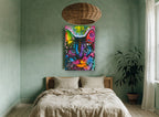 Rainbow Whisker Cat animal canvas print on the wall of a bedroom