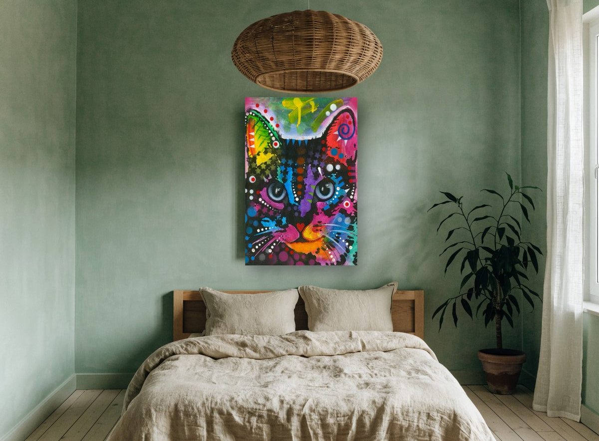 Rainbow Whisker Cat animal canvas print on the wall of a bedroom