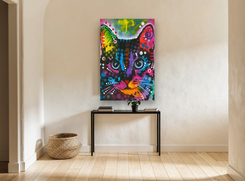 Rainbow Whisker Cat animal canvas print on the wall of a hallway