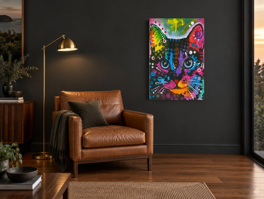 Rainbow Whisker Cat animal canvas print on the wall of a charcoal living room