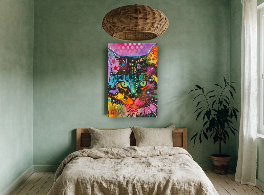 Neon Pop Cat animal canvas print on the wall of a bedroom
