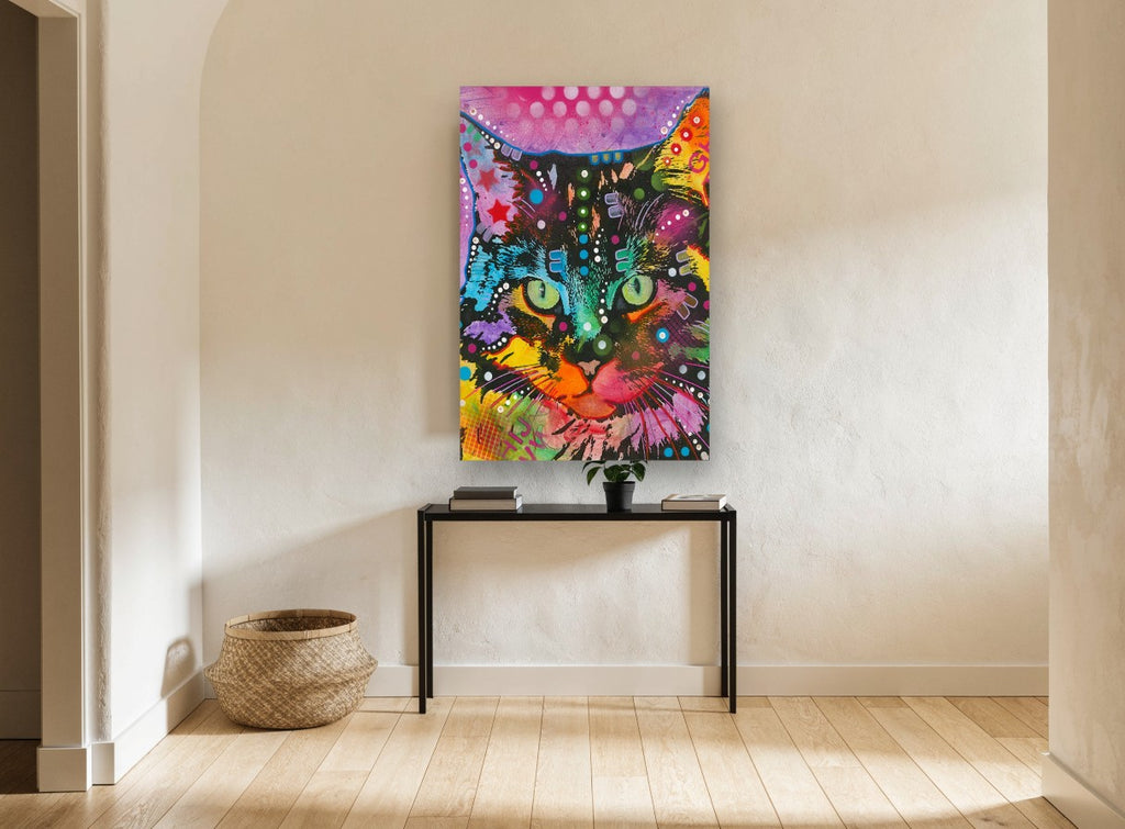 Neon Pop Cat animal canvas print on the wall of a hallway