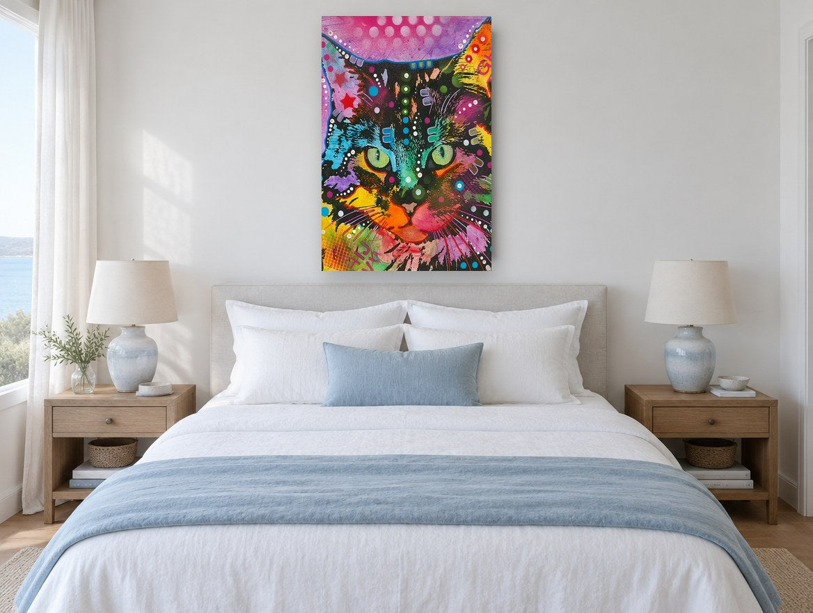 Neon Pop Cat animal canvas print on the wall of a bedroom